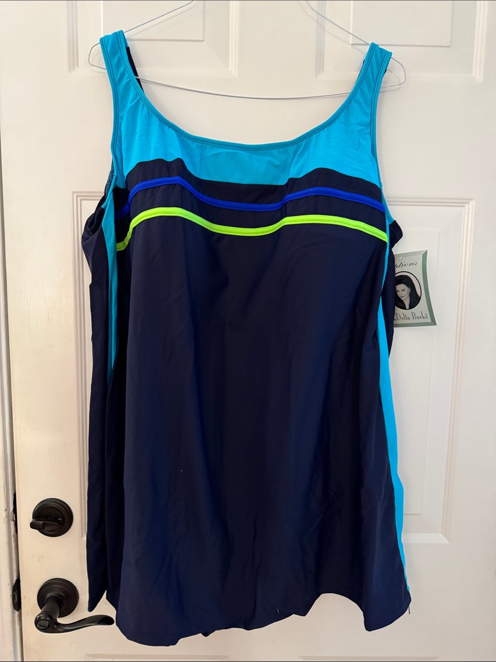 Delta Burke Navy, Aqua One-Piece Swim Dress Sz 32W NWT